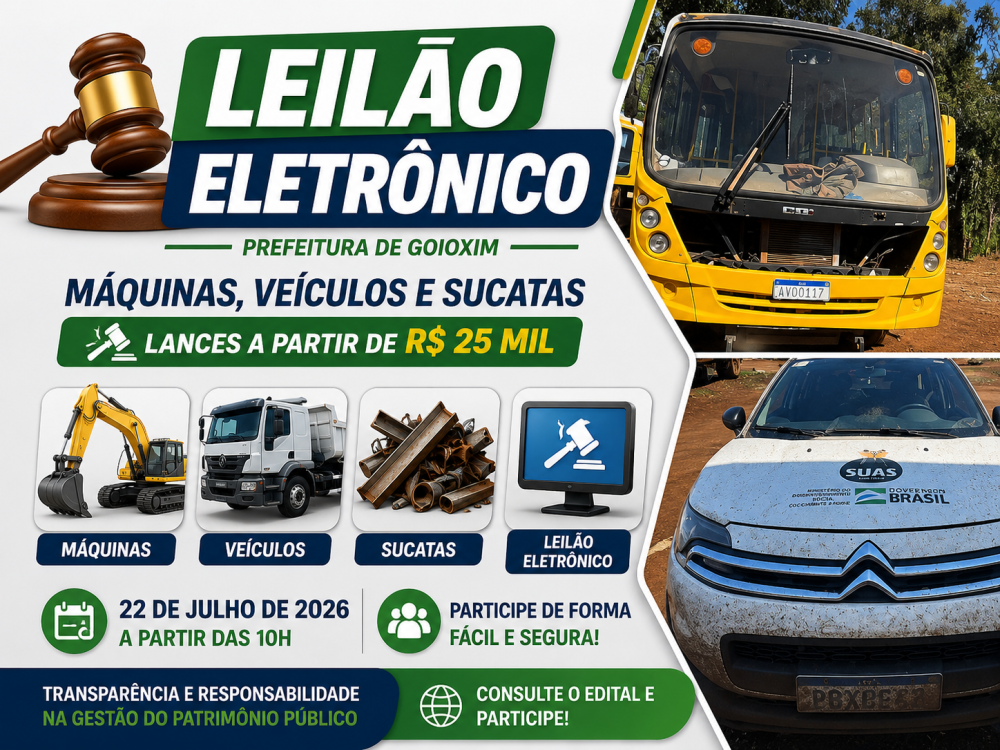 Goioxim realizará leilão eletrônico de máquinas, veículos e sucatas